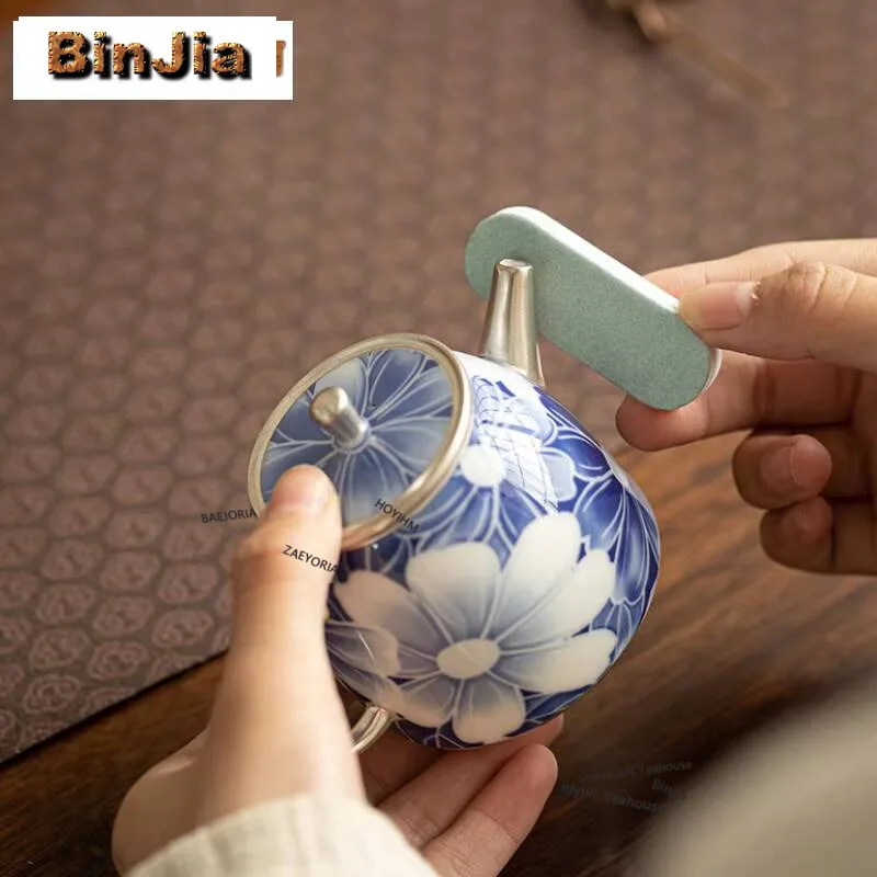 170ml Jingdezhen Blue And White Teapot Handmade Porcelain Body Gilded Silver Pot Chinese Tea Making Kettle Teaware Collection
