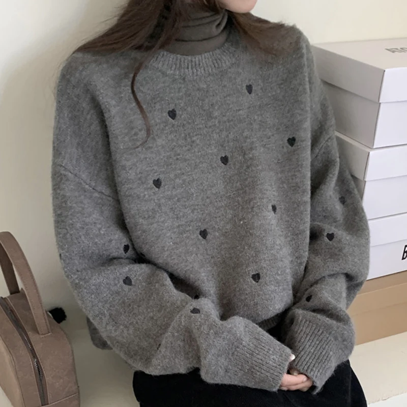 سترة شتوية أنيقة محبوكة بأكمام طويلة ورقبة دائرية وطبعة قلب كاجوال فضفاضة مناسبة ومتعددة الاستخدامات ومريحة للنساء، نمط عصري ...