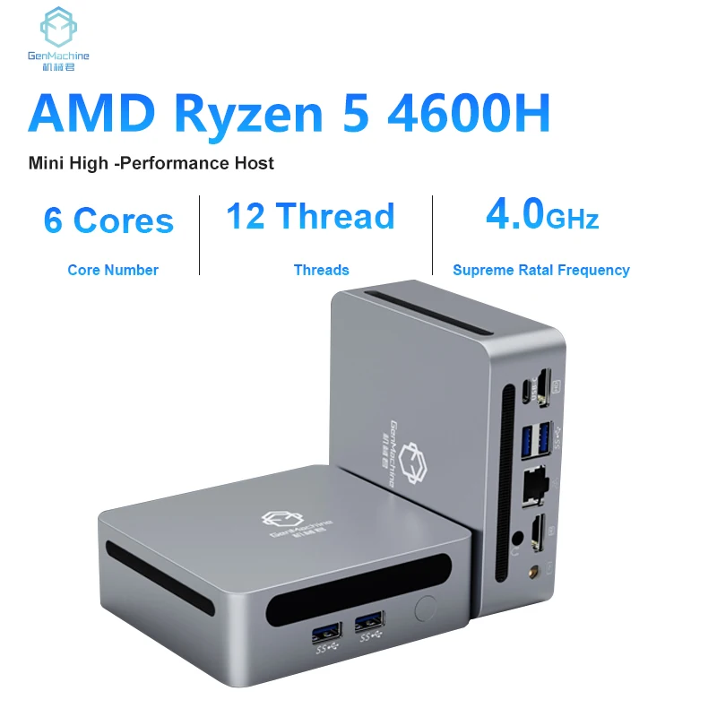 GenMachine جديد AMD Ryzen 5 4600H Windows 10/11 كمبيوتر صغير DDR4 95W WIFI6 RTL8852، BT5.2 كمبيوتر ألعاب مكتبي R5 4600H كمبيوتر صغير