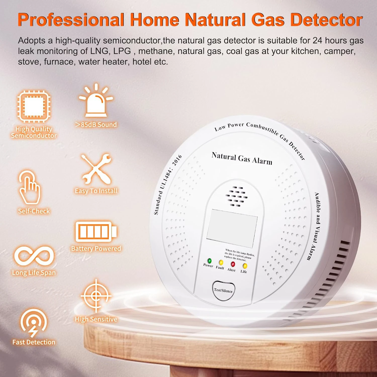 Natural Gas Detector CH4, Combustible Gas Methane Alarm Battery Powered with Light & Audible Indicator,Gas Monitor Sensor