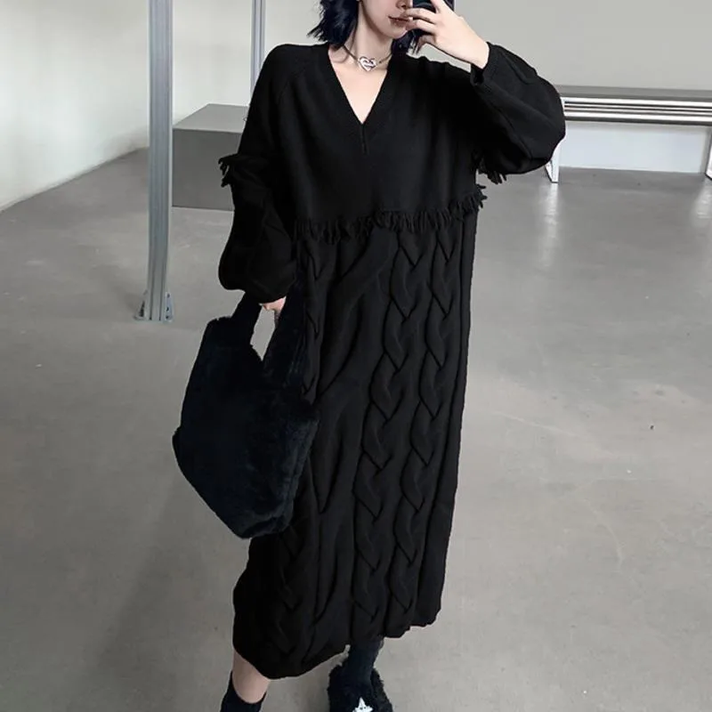 HKSH Herbst Winter Neue Frauen Lange Pullover Kleid V-ausschnitt Quaste Einfarbig Elegante Trend Casual Übergroßen Gestrickte Kleider HK16178