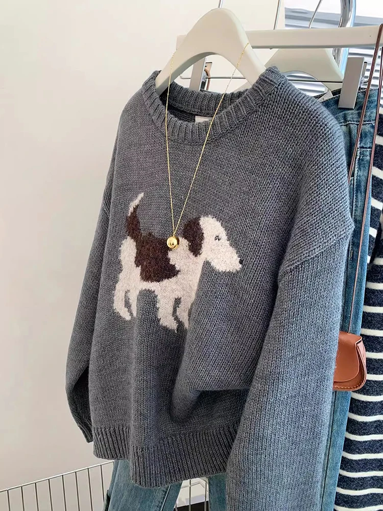 Pull à col rond pour femme, style coréen, mode, jacquard pour chien, doux, décontracté, hiver