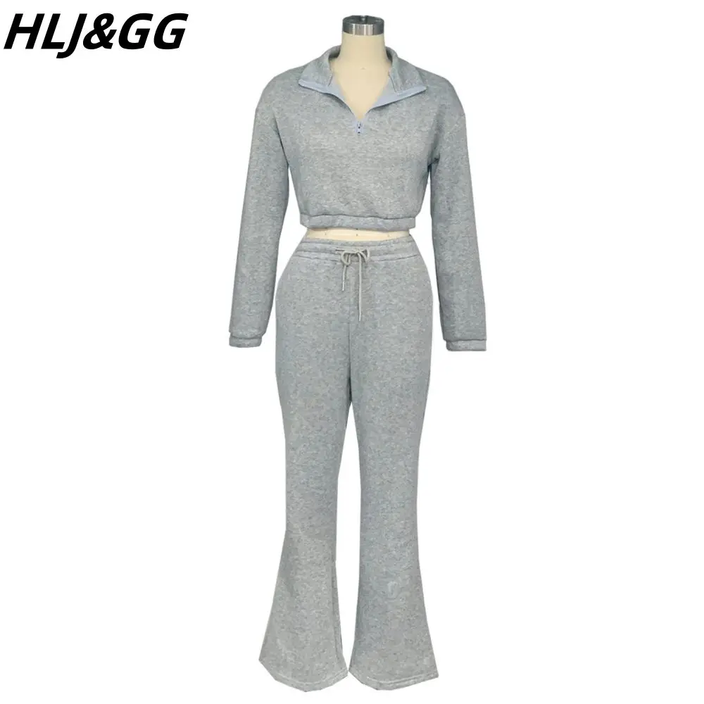 HLJ&GG Autumn Winter New Solid Jogger Pants Two Piece Sets Women V Neck Long Sleeve Top And Pants Outfit Casual Sporty Clothing