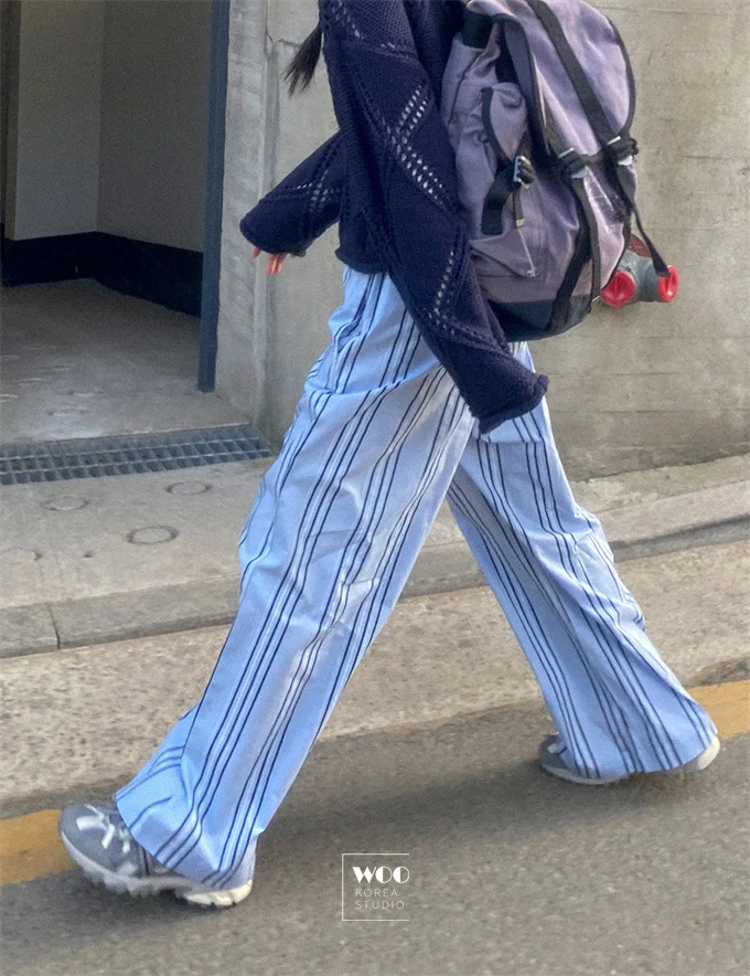 Pantaloni a gamba larga a righe verticali blu Casual a vita alta Coreano Sle Pendolarismo Vento Estate Effetto sottile Ba Elastici Simple De...