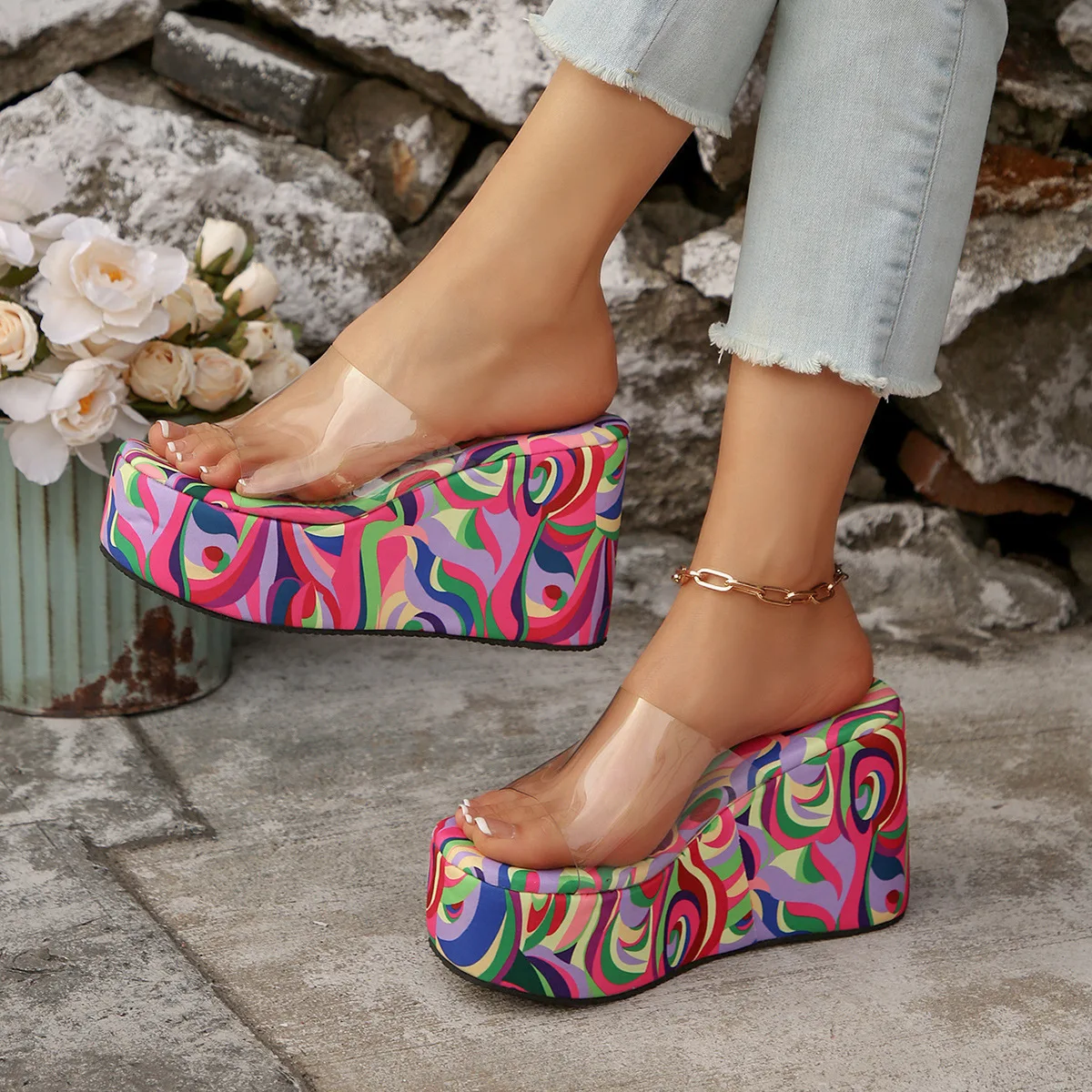 Women's Transparent PVC Peep Toe Slide Sandals 2026 Summer 10cm Wedge High Heels Slippers for Women Platform Casual Sandales view 6