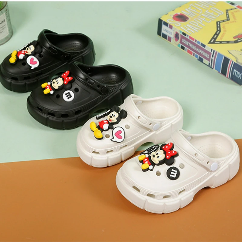 Disney Children's Sandals Female Hollow Boy Cute Baby Mickey Minnie Mouse Cartoon Children Students Thick Sole Slippers Size 24