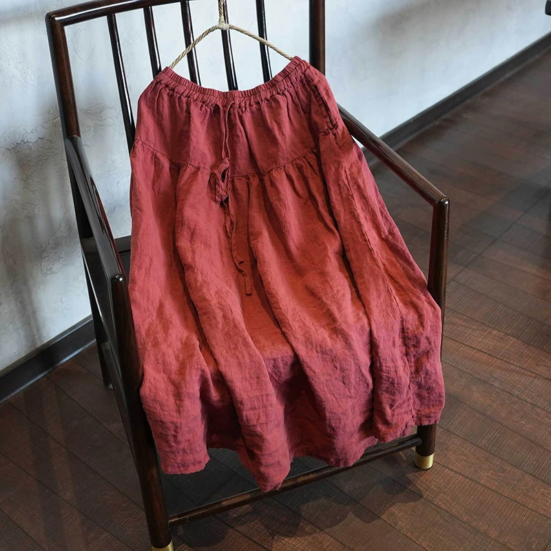 

Новая женская повседневная юбка из 100% льна, весна 2026, винтажный стиль, однотонная, свободная, удобная, женская длинная юбка А-силуэта M2238