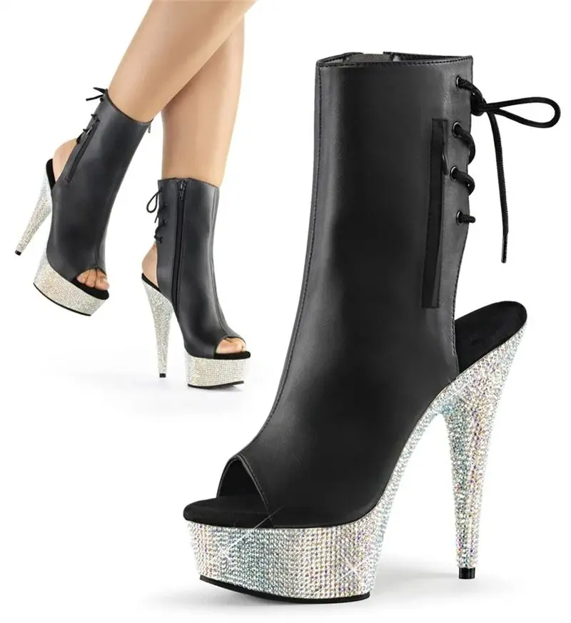 

​ Черные ботинки на платформе 15 см, туфли на каблуке с открытым носком и кристаллами и стразами, блестящие вечерние туфли на шпильке для женщин ​