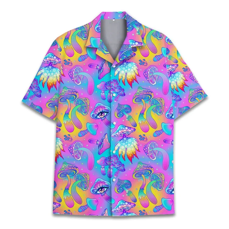 Colorful Mushroom 3d Print Hawaiian Shirt Men Summer Vacation Shirts Button Lapel Short Sleeve Street Beach Aloha Shirt Clothing