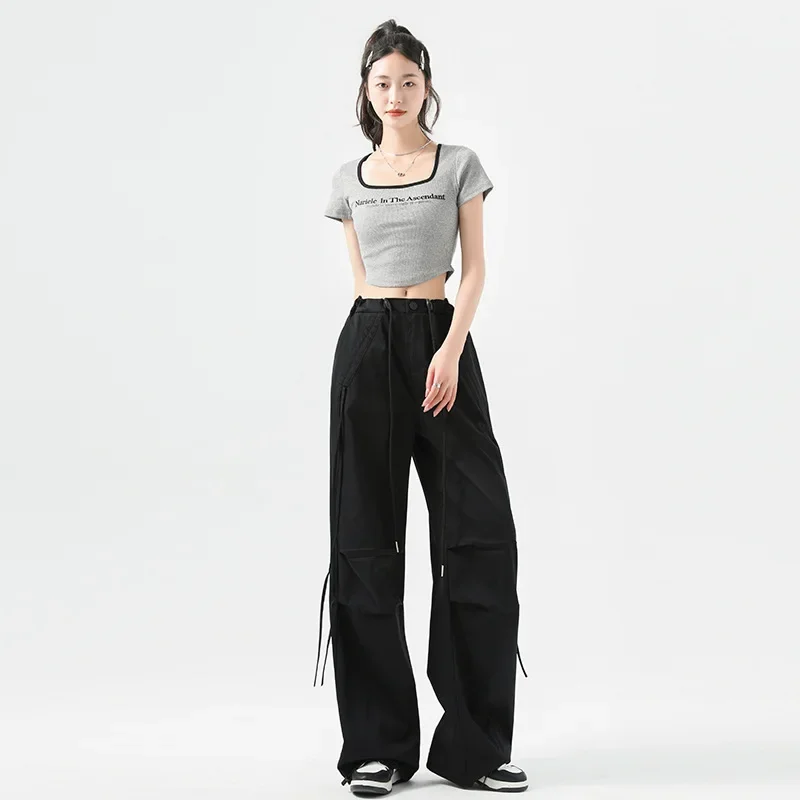 

2024 New Harajuku Vintage American Loose High Waist Work Pants for Women's Y2K Retro Summer Wide Leg Fashion Paratrooper Pants