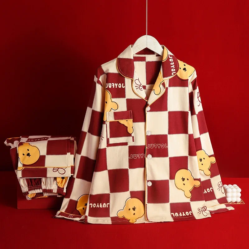 Disney Winnie the Pooh autumn and winter red New Year\'s cartoon women\'s pajamas plaid splicing lapel cardigan loungewear set