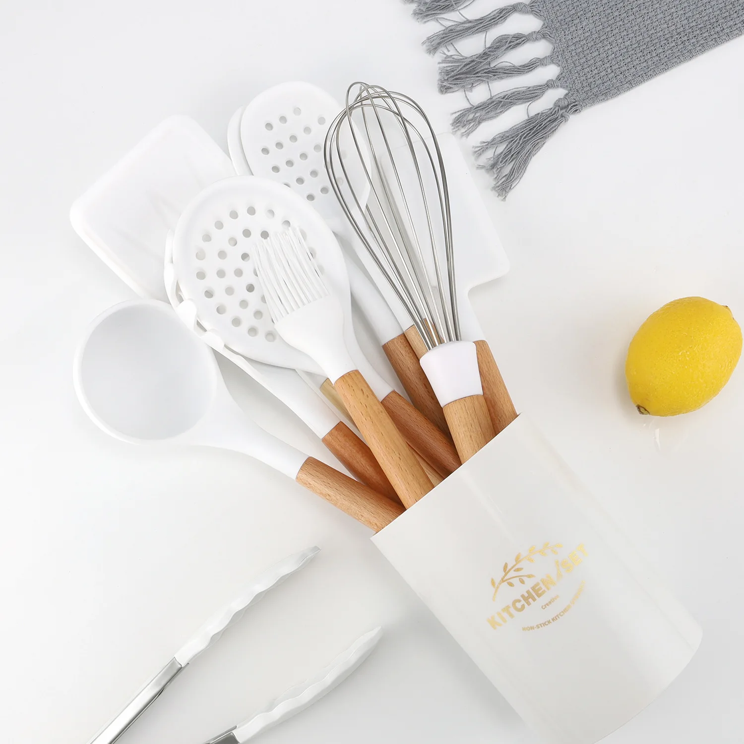 Cooking Kitchenware Tool White Silicone Utensils Set Non-Stick Cookware Spatula Ladle Egg Beaters Shovel Kitchen Accessories