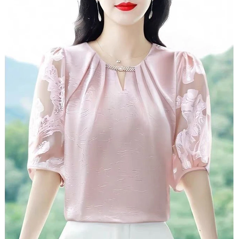 Chemisier élégant en dentelle épissée et perles, couleur unie, vêtements pour femmes, pulls décontractés, ample, chemise de bureau, nouvelle collection été 2025