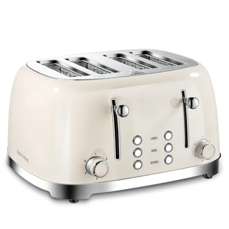 

4 Slice Toaster Retro Stainless Steel with Bagel Defrost Cancel Function 6 Browning Settings Extre Wide Slot and Removable Crum