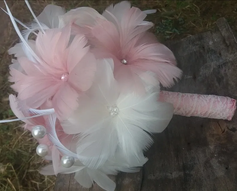 PEORCHID Romantic Pink White Wedding Bouquets Bridal Handmade Feather Flowers Bride Bouqet Diamonds Ramo De Flores Artificiales