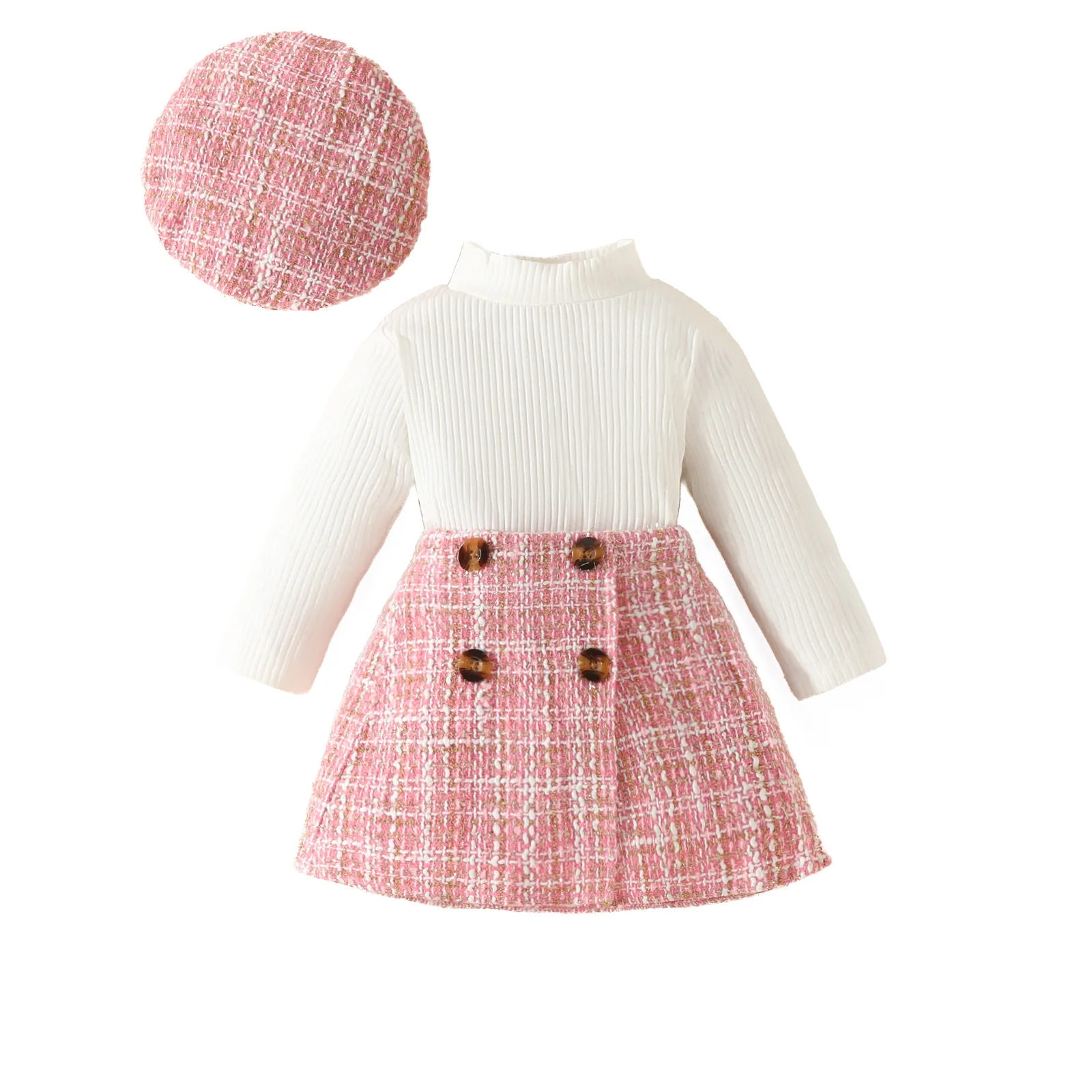 

3PCS Autumn Kids Three Piece Clothes Baby Girls Knit Top+Plaid Skirt+Beret Children Elegant Toddler Princess Uniform 0-3Yrs