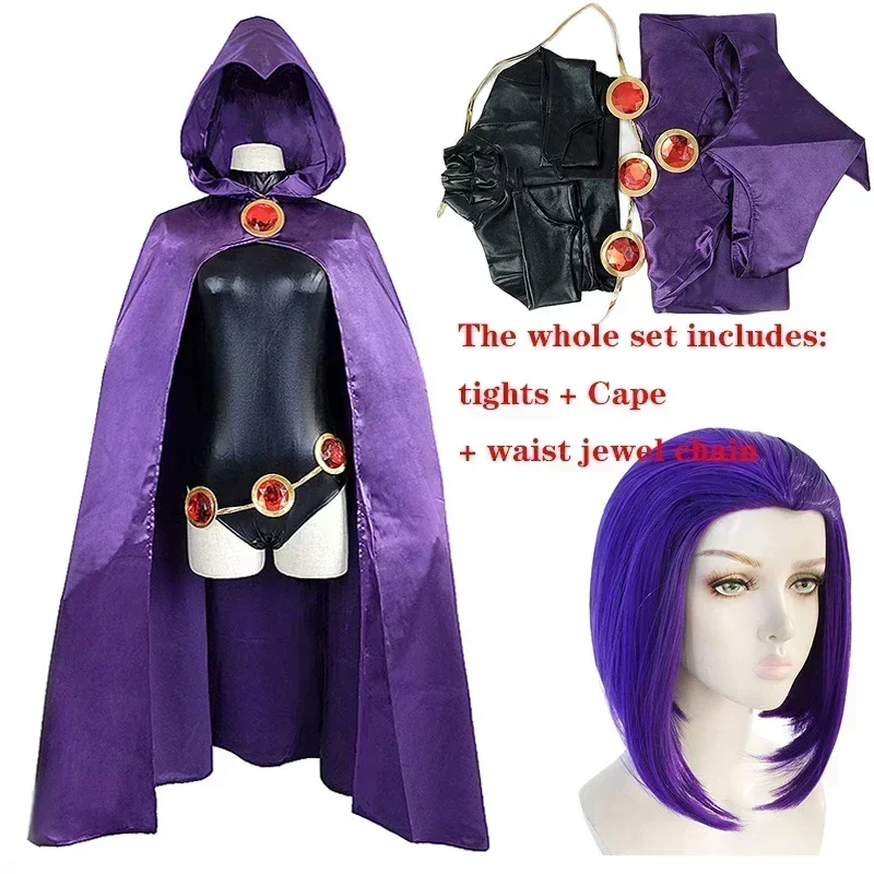 Teen Raven Cosplay Costume Superhero Cloak Jumpsuits Halloween Tight clothes +… - Image 2