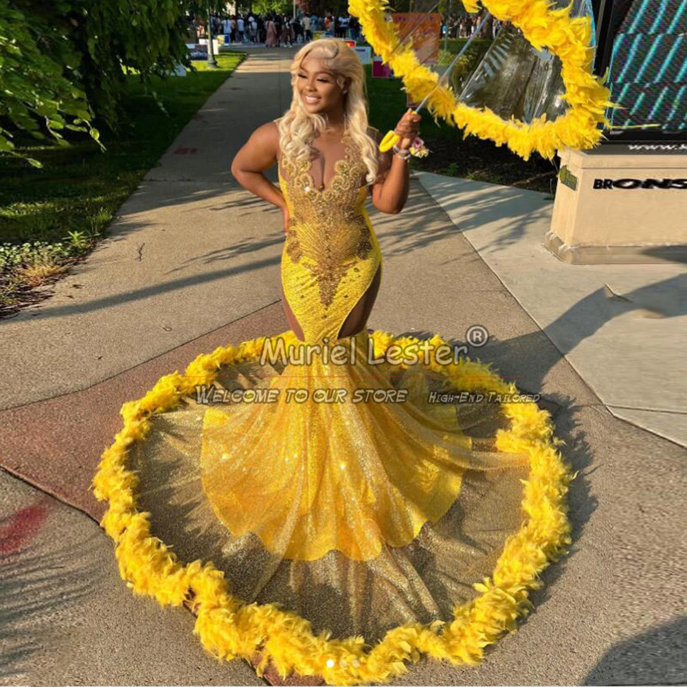 

Luxury Mermaid Prom Dresses Long Tailored Yellow Feathers Crystals Beaded Black Girls Formal Evening Party Gowns Vestido De Gala