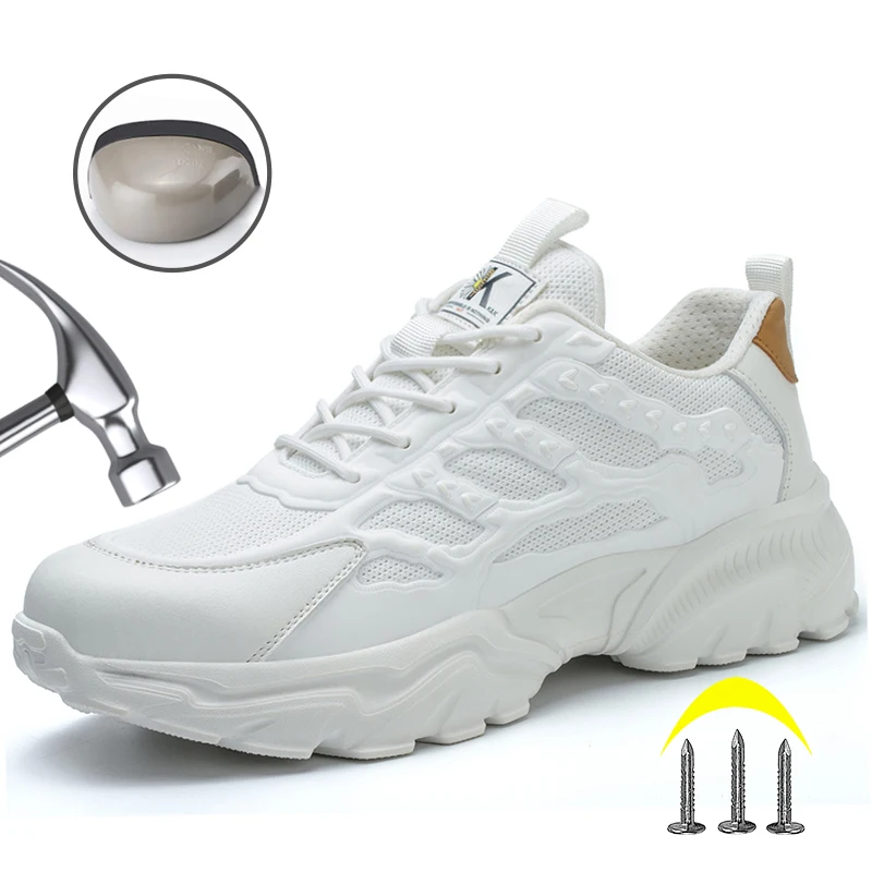 

White Work Shoes Male Sneakers Anti-smash Steel Toe Boots Wear Resistant Anti-slip Secure Protective Shoes Indestructible Shoes