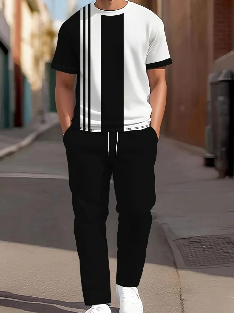 Casual Men's Summer Two-Piece Set Crew Neck Short-Sleeve Top With Relaxed-Fit Trousers Stylish Outdoor Streetwear Ensemble