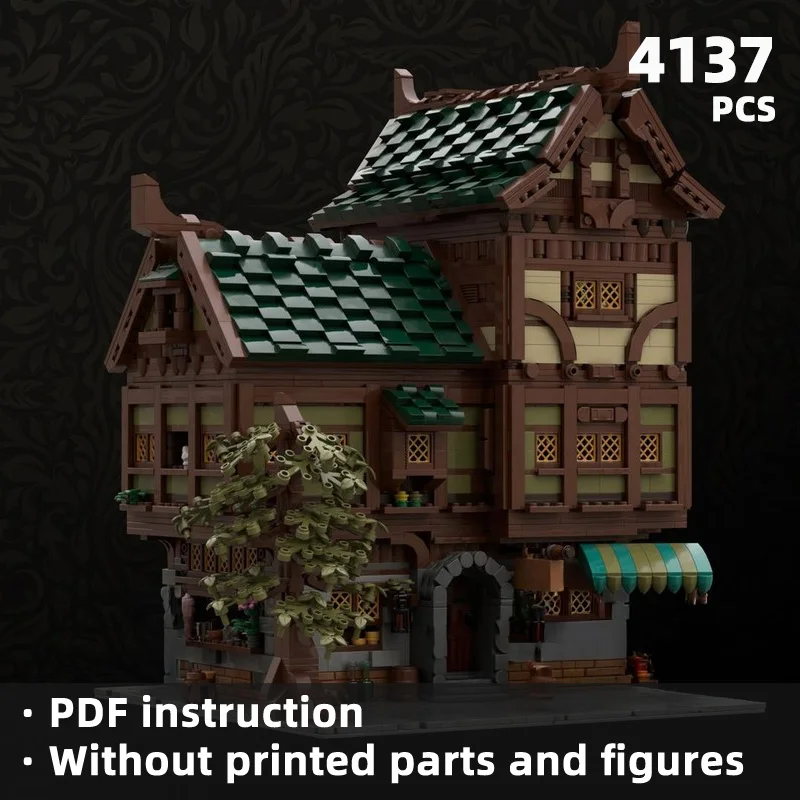 A fantasy-style wooden tavern building block structure with retro decorative lines and a town-themed display