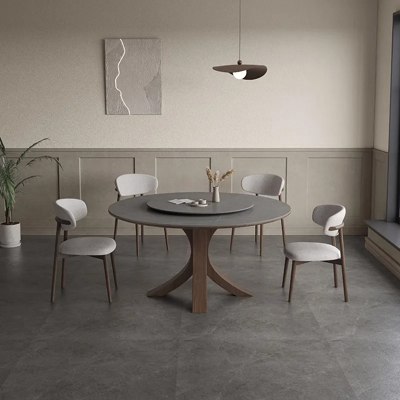 Matte rock slab dining table round with turntable 8 people modern simple high-end ash wood solid wood round table