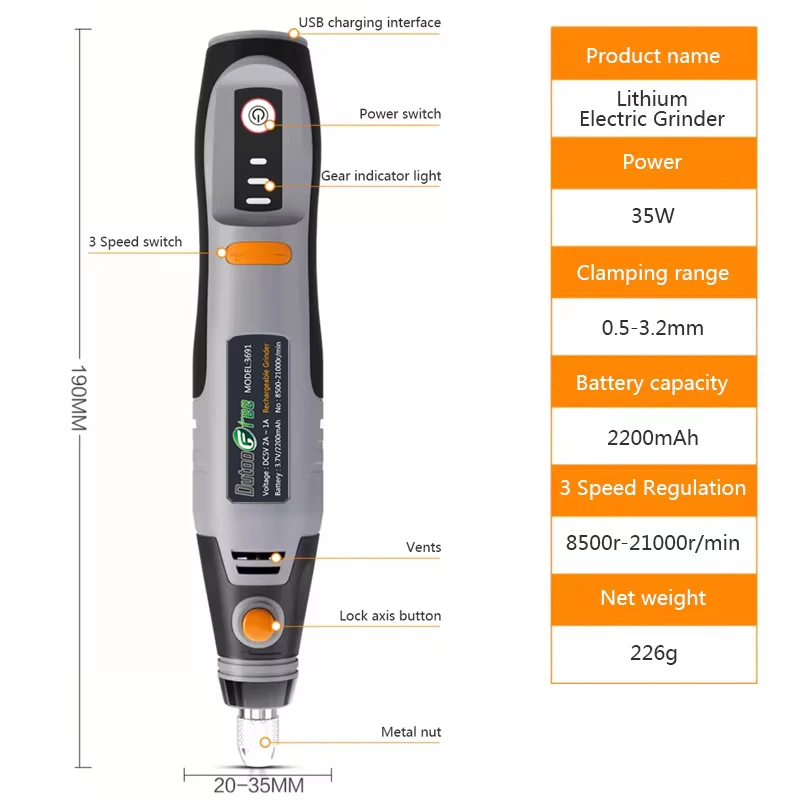 35W USB Cordless Rotary Tool Dremel DIY Mini Drill Engraving Pen Electric 3 Speed Mini Wireless Drill Set 8500r-21000r/min