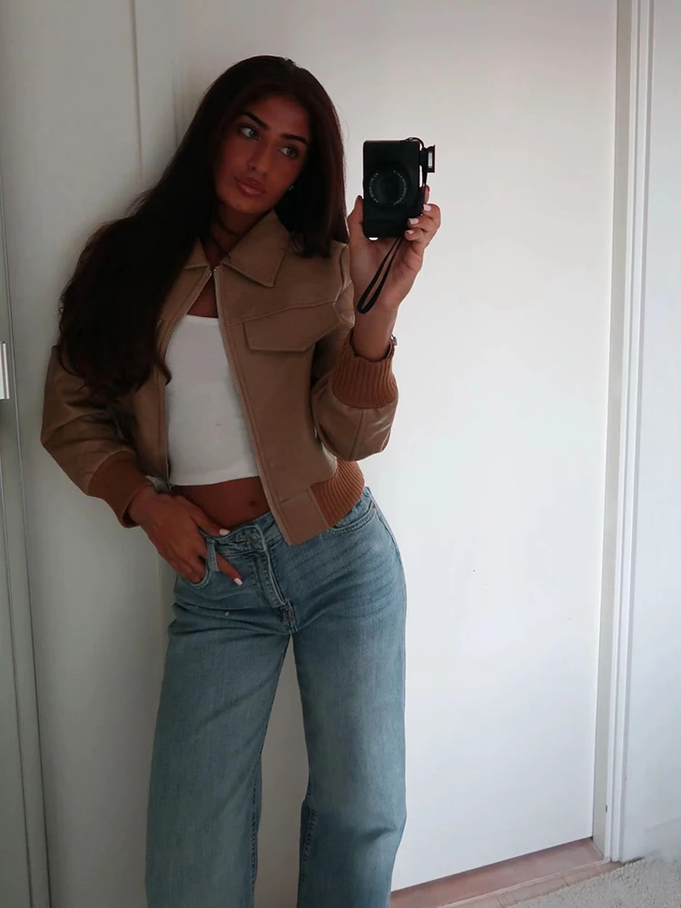 Vintage PU-Leder Cropped Jacke mit Langen Ärmeln und Gerippten Manschetten, Streetwear Damenmantel, Neue Lässige High-Street Herbst-Oberbekleidung – Detail 6