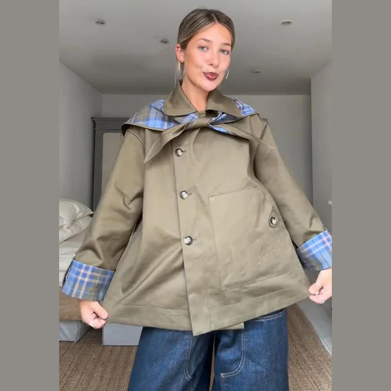 เสื้อโค้ททรงเทรนช์แบบกลับด้านได้ ลายสก็อตวินเทจ ปักลาย สำหรับผู้หญิง กระดุมแถวเดียว มีกระเป๋า แขนยาว แจ็คเก็ต ฤดูใบไม้ร่วง 2025 สไตล์สตรีทแวร์