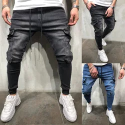 Jeans de carga masculino multi-bolsos de cintura média, calça monocromática, calça casual, plus size, moda, roupa diária