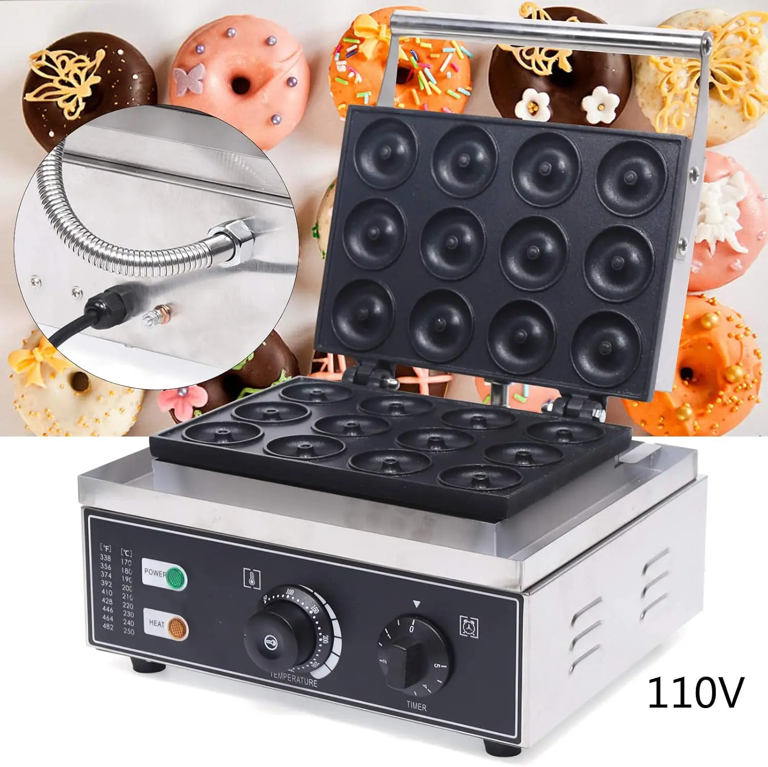 Mini Donut Electric Maker Machine, Nonstick Commercial Doughnut Baker Home Baker Machine, Stainless Steel Makes 12 Doughnuts