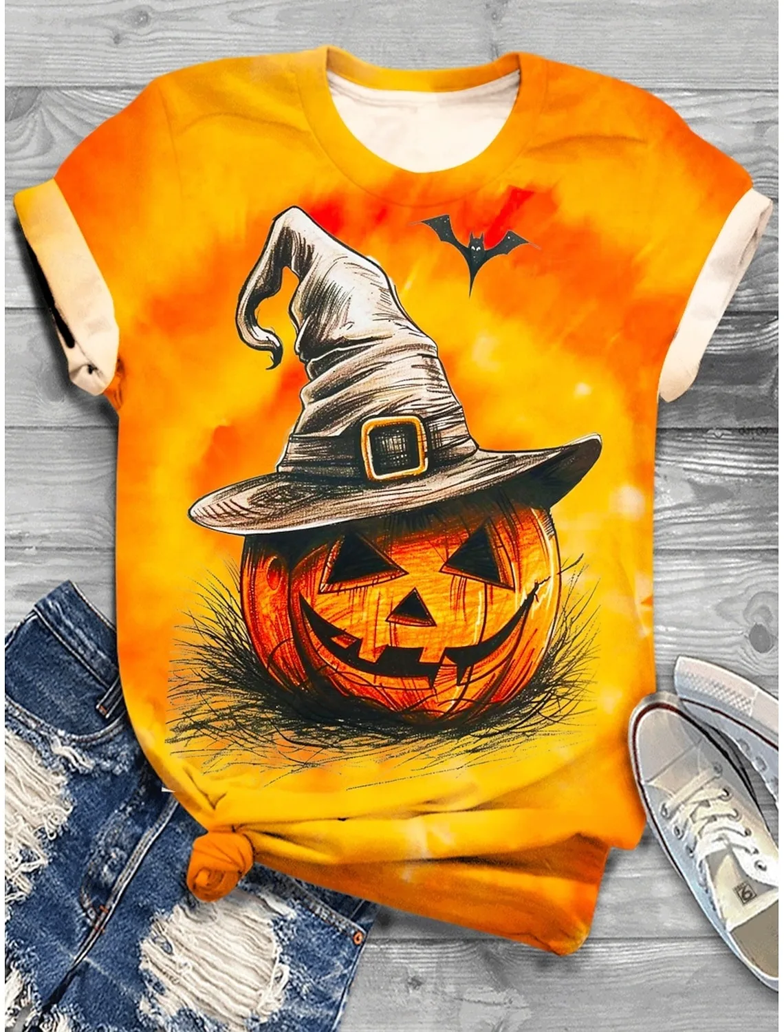 

Halloween Women's T Shirt Pumpkin Graphic Vintage Stylish Classic Yellow Orange Print Short Sleeve Crew Neck Regular Daily Tops
