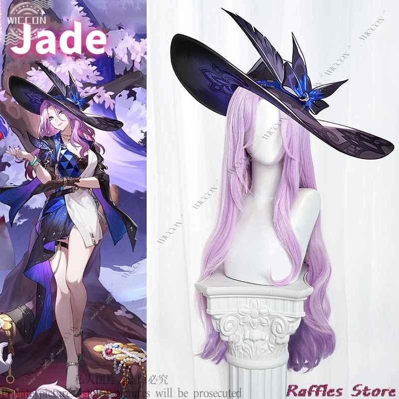 Jade jogo honkai estrela ferroviário jade cosplay peruca 90cm luz roxo cabelo longo dez corações de pedra festa de halloween para mulheres meninas adereços