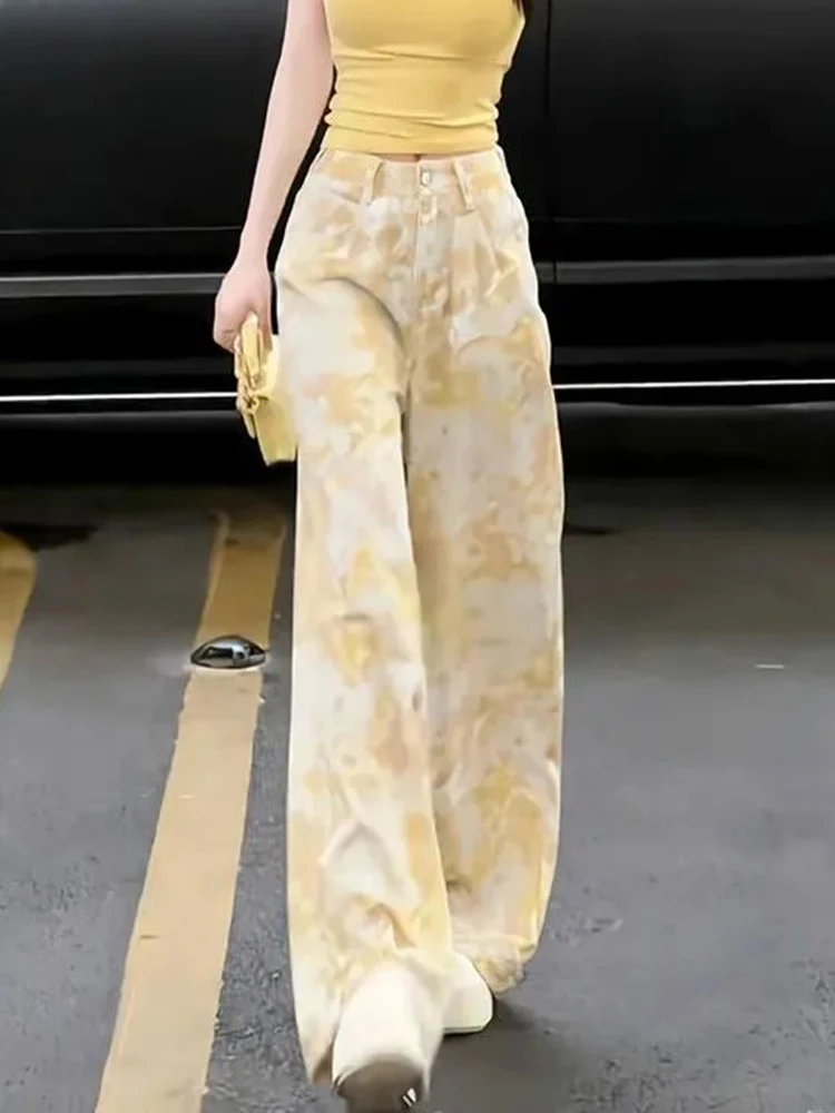 Tie Dye Vrouwen Y2k Jeans Streetwear Losse Hoge Taille Vintage Denim Broek Harajuku Retro Amerikaanse Casual Gele Broek Nieuw