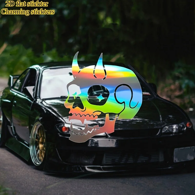 1pc 2D Flat Devil Horn Skull Halloween Waterproof Vinyl Sticker JDM Style Car Window Glossy Decor Decal