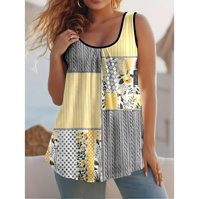 

Plus Size, 2025 Spring and Summer New Printed Round Neck Loose Sleeveless Vest Top
