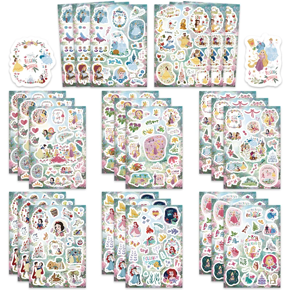 8 hojas de pegatinas estéticas de princesas de Disney, pegatinas impermeables de dibujos animados para álbum de recortes, cuaderno, decoración para nevera, regalo para padres