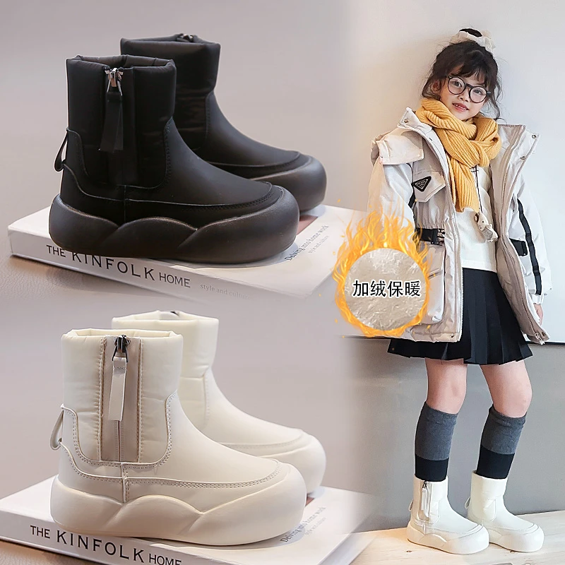 

2025 New Leather Thick Soled Round Toe Women's Shoes Round Head Side Zipper Women Short Boots Wool Warm Boots Детская Обувь