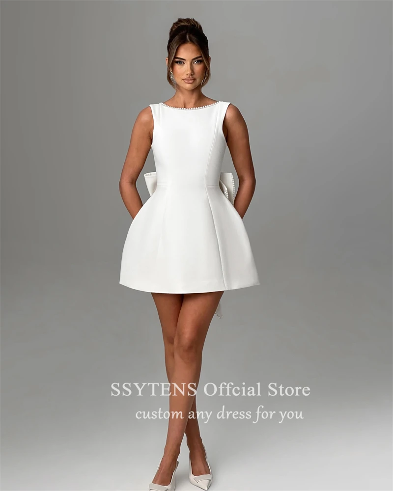 SSYTENS-vestido de novia corto para mujer, minivestido de tirantes finos con perlas y novia, hecho a medida, espalda descubierta