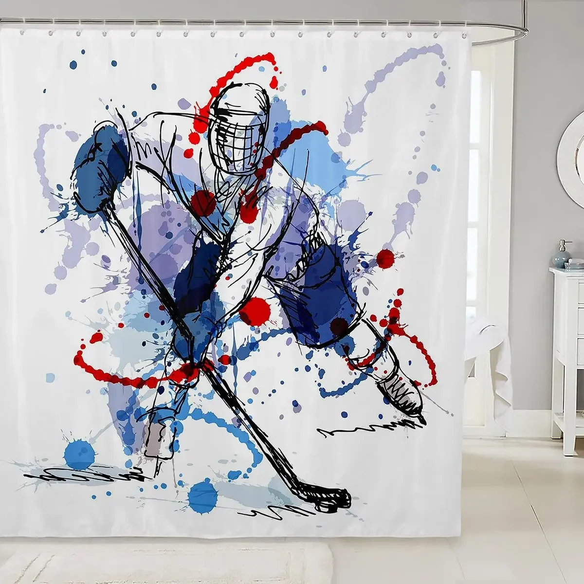 Ice Hockey Shower Curtain Boys Girls Winter Sport Game Theme Bathroom Decor Shower Curtain with Hooks Waterproof Fabric Screen