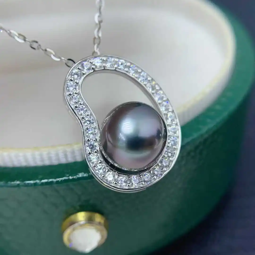 شهادة فاخرة 925 Siler مياه البحر تاهيتي اللؤلؤ محظوظ فول قلادة أورورا بريق المياه المالحة اللؤلؤ الأسود مصمم المجوهرات