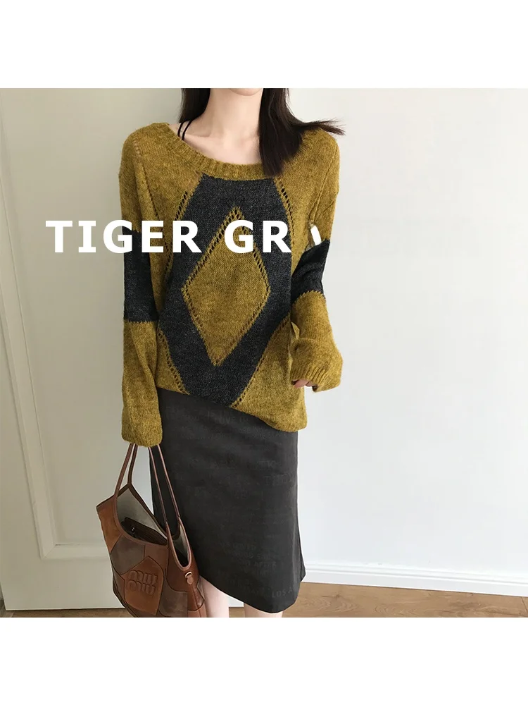 

Loose Fit Soft Cozy Mixed Wool Thin Sweater Autumn Season Large Diamond Pattern Sea Wool Blend Ladies Faion Knitwear