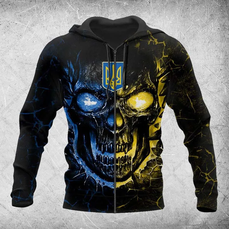 

Customize Ukraine Emblem Skull Pattern Zipper Hoodies Unisex Oversize Sweatshirts Winter Casual Streetwear Tops Pullover