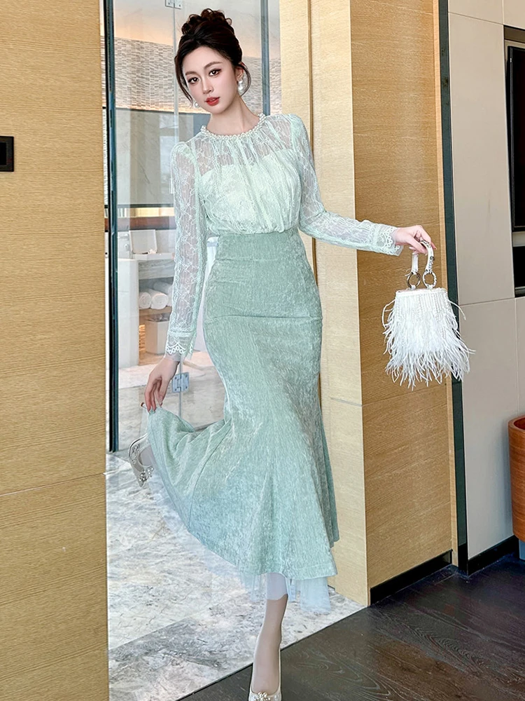 Falso 2 piezas de encaje transparente Sexy Maxi vestido de mujer elegante ocasión Formal vestido de noche fiesta delgada ropa de mujer Casual nueva llegada