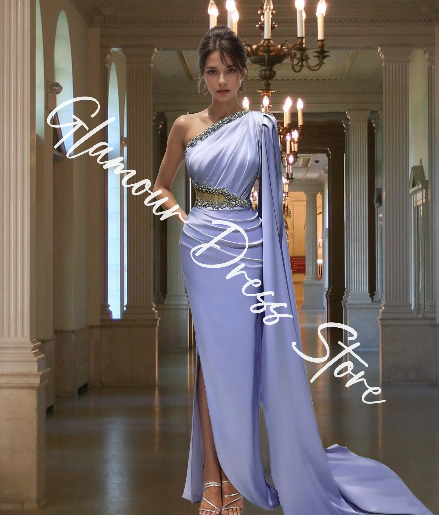 Customized Exquisite Satin Straight One Shoulder Crystal Evening Dresses Sleeveless Watteau Train Special Occasion Gow