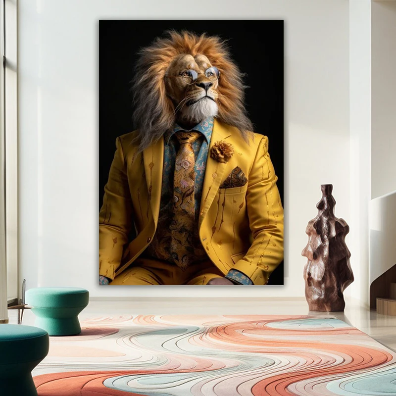 

Lion In Suit Art Animal Poster and Prints Lion In Gold Jacket Wall Art Pictures Canvas Painting For Room Office Home Decor Gifts