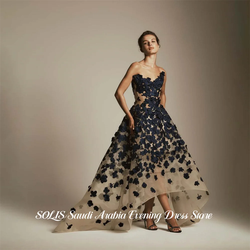 SOLIS Champagne and Navy Blue Evening Gown Strapless Prom Dress with 3D Floral Wedding Evening Dress robes de soirée Customized