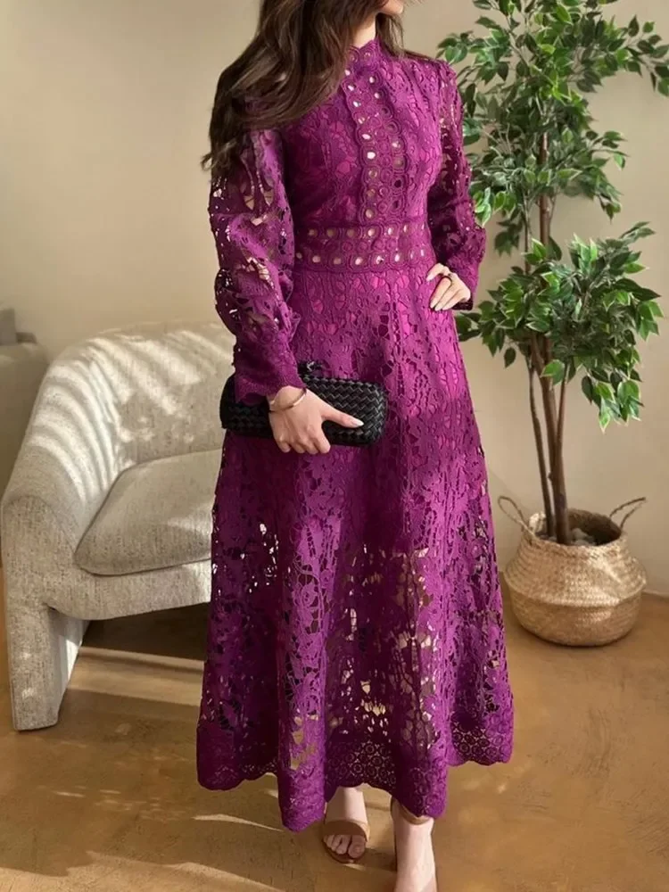 

Dress For Women Stand Collar Long Sleeve High Waist Elegant Dresses Female Fashion New Hollow Out Solid Temperament