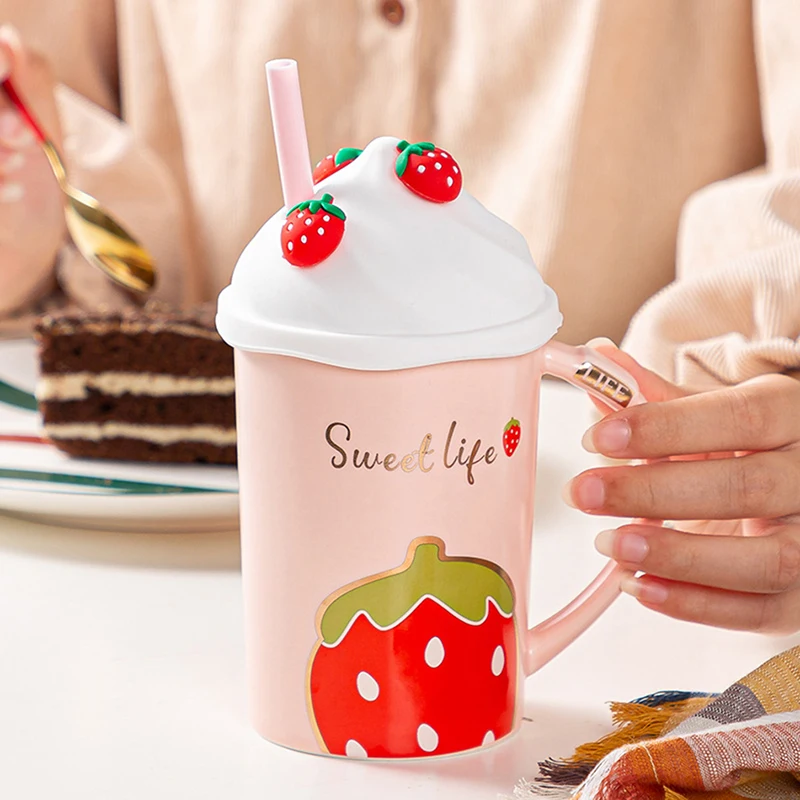 Kawaii Strawberry Ice Cream Mug Coffee Cup Cute Ceramic Tea Mug With Silicone Lid Adults Straw Student Girl Drink Water Cup