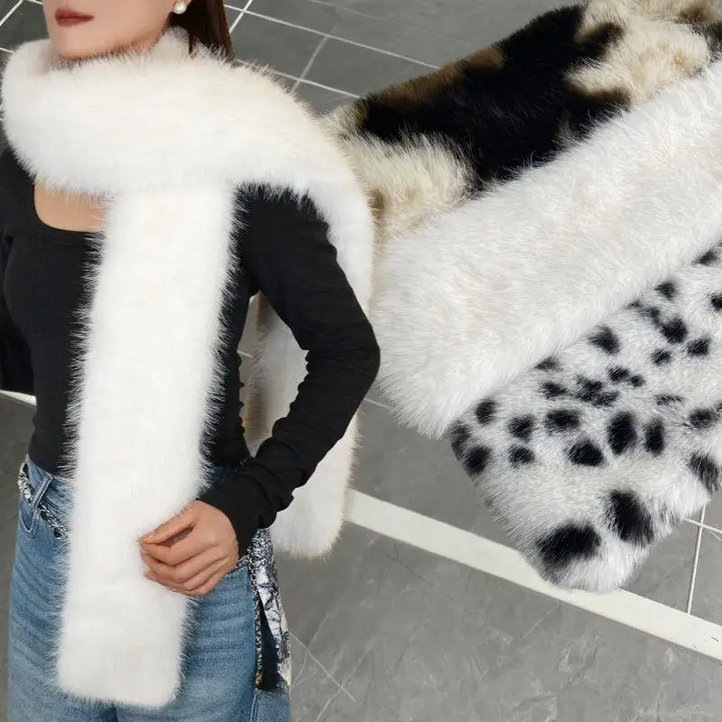 

Elegent Luxury Long Neckerchief Animal Spots Winter Women Neck Warmer Soft Fluffy Warm Outdoor Windproof Coldproof Wrap Scarf